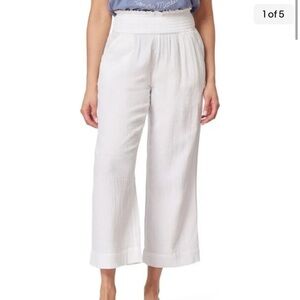 Joie White Cotton Gauze Smocked Waist Wide-Leg Pants